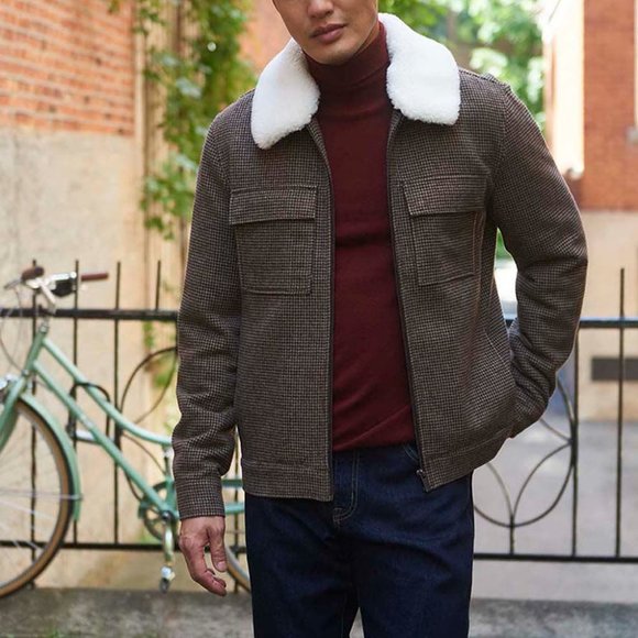 RW&CO Men's Short Houndstooth Wool Jacket With Removable Sherpa Collar - Picture 3 of 4